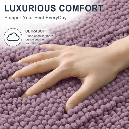 Image of Smiry Thick Chenille Bathroom Runner Rugs 47x24, Extra Absorbent Striped Bath Mat, Machine Washable, Rubber Backing, Long Bath Rugs for Tub & Shower, Modern Home Decor Accessories, Deep Plum