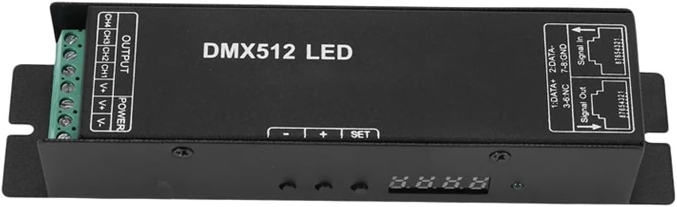 512デジタルディスプレイデコーダー調光ドライバーDmx512コントローラー、LED RGBWテープライトストリップRJ45接続DC