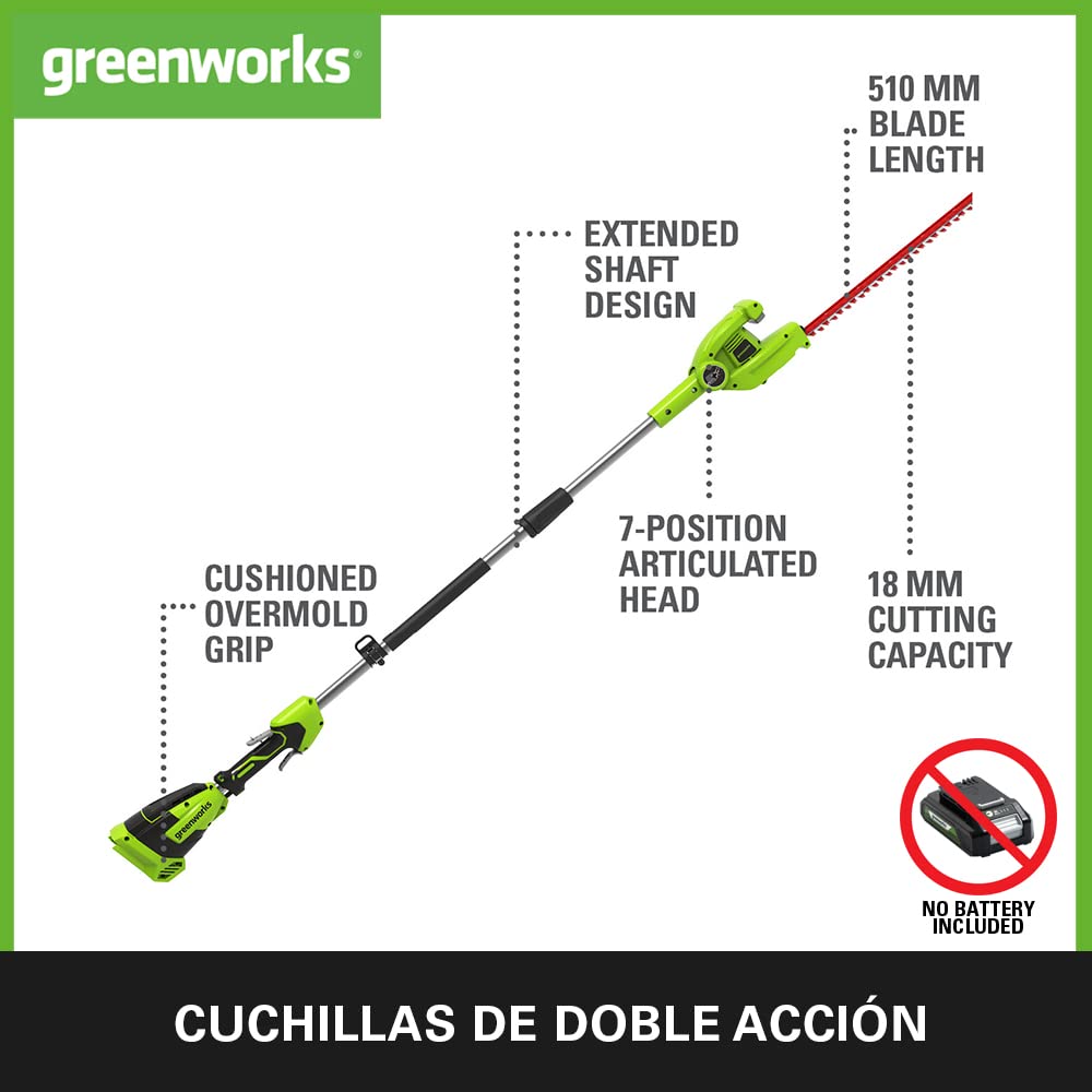 Greenworks G40PHA Cortasetos a Batería con Eje Divisible, Cuchillas Doble Acción de 51 cm, Corta Ramas 18 mm Grosor, Pivote Cabezal de 125°, 3000 spm SIN Batería (40 V) ni Cargador