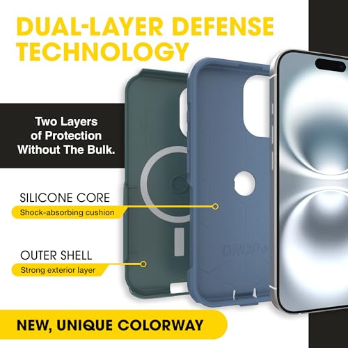 Image of OtterBox iPhone 16 (Only) - Commuter Series Case - Built-in MagSafe - Thin, Dual-Layer, Pocket-Friendly, Port Cover - Saltwater Breeze (Sage /Blue)