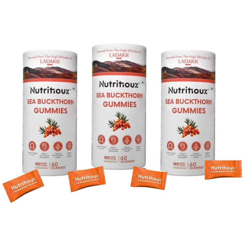 Image of Seabuckthorn Gummies for Immunity & Glowing Skin | Rich in Vitamin C, Omega 3,6,7,9 & Antioxidants | Boosts Immunity, Brightens Skin | Pack of 60 Gummies - Combo of 3