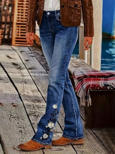 Women's Flower Embroidered High Stretch Jeans High Waistband Pocket Slim Fit Flared Jeans2