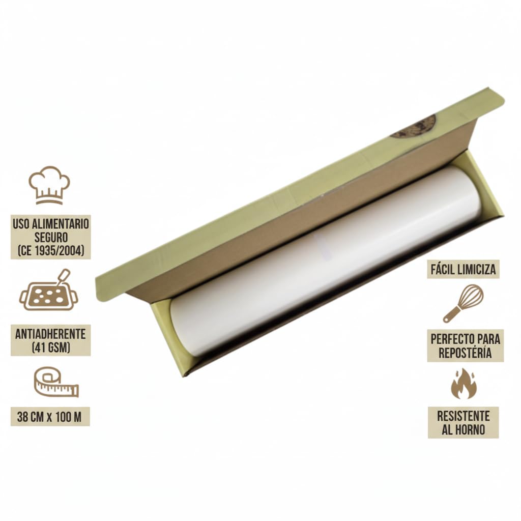 Bobina Papel de Horno Blanco 38 cm x 100 m – Papel Siliconado Antiadherente 41 gsm – Apto para Uso Alimentario – Rollo Profesional para Cocina y Pastelería PACK (6)