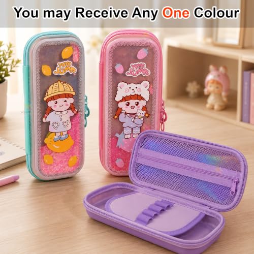Image of WISHKEY Hard Shell EVA Pencil Box for Girls Cute Cartoon Glitter Pencil Case with Mesh Pocket, Elastic Pen Holder & Dual Zipper Large Capacity Water Resistant Stationery Organizer for School Kids
