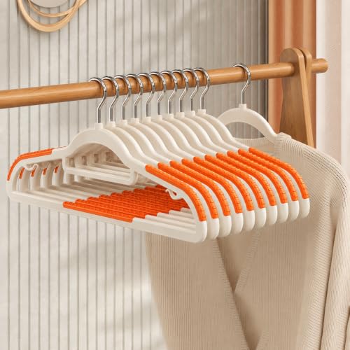 Image of Anti Slip Clothes Hangers - Space Saving Dry & Wet Hangers with Non-Slip Pads - Heavy Duty Coat, Suit, Underwear, Pants, Shirts (Orange, Pack of 10)