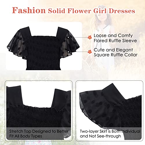 Kids4Ever Solid Black Flared Sleeve Swiss Dot Dress For 10 11 Years Old Girls Chiffon Ruffle Skirts Square Neck Dresses Size 10-11 Big Girl Swing Midi Dress Classy Easter Frocks #TOP4