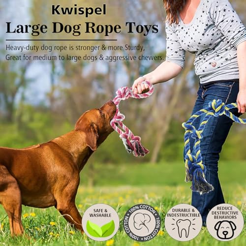 Kwispel Rope Toy for Dogs,Large Dog Rope Toys for Aggressive Chewers, Heavy Duty Dog Toys for Large Medium Breed, Indestructible Tough Chew Toys Tug of War Dog Toy Cotton Rope for Teeth Cleaning