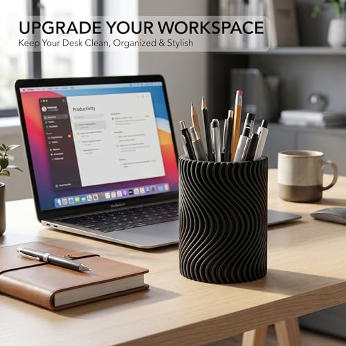 Image of Pen stand for table, aesthetic pen stand for office table stylish, pen holder for desk, pencil holder, office desk organizer, Study accessories penstand for men women kids items (Black, Wavy)