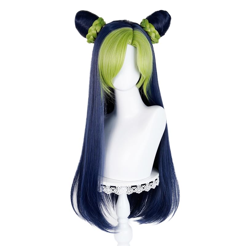 Image of LABEAUTE Jolyne Cujoh Cosplay Wig Blue and Green Long Straight Wigs with Bangs Anime Heat Resistant Hair for Party Halloween Costumes