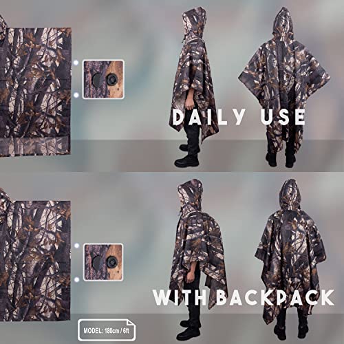 BALIGO 3-in-1 Mehrzweck Regenponcho Wasserdicht, Leicht & Schnell Trocknend, Poncho Herren & Damen, Camouflage Regenjacke, Tarnzelt, Tarnanzug, Regencape mit Kapuze für Wandern Camping Jagd