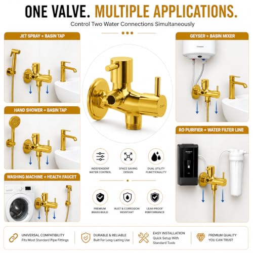 Image of ZAP Turbo Series 2-in-1 Brass Angle Valve with Wall Flange and Teflon Tape | Gold Finish Quarter Turn Dual Control Tap for Jet Spray, Geyser and Basin Tap Connection
