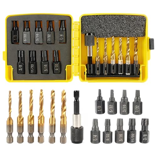 15 Pièces Kit Taraudage, Perçage, Taraudage-Chanfreinage Taraud, avec 1 Tige D'extension, 9 Extracteurs de Noix, Taraud Composé (1/4-20NC, 12-24NC, 10-32NC, 10-24NC, 8-32NC, 6-32NC) (jaune)