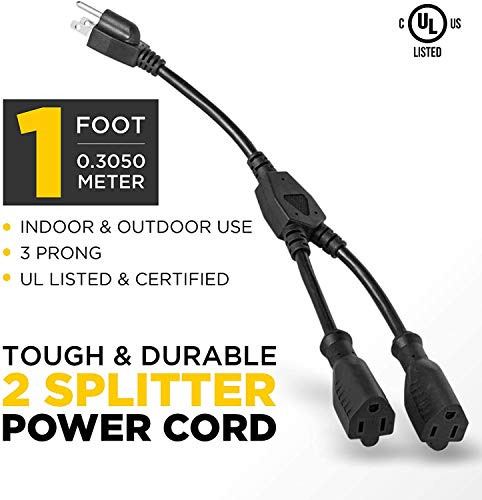 2 Way Splitter Extension Cord, 3 Prong Double Outlet Power Cord, 16 Awg, 1 Foot Black By Clearmax #TOP5