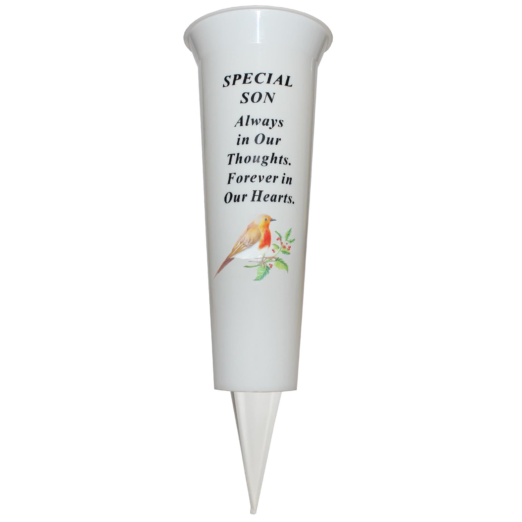 Widdle Gifts Special Son 8743 Memorial Grave Flower Pot - 33Cm Tall Sturdy White Memorial Graveside Flower Vase With Spike And Robin Image (Special Son 8743)