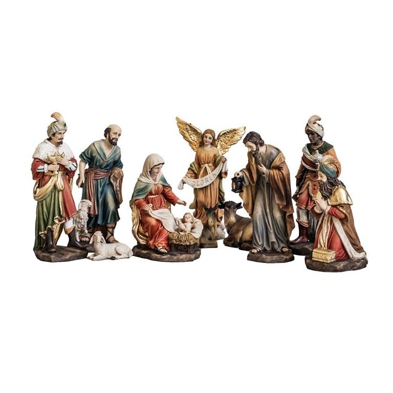 Misterio Nacimiento de 10 Piezas Clasico con Reyes, Angel, Pastor y Animales de Resina Pintado a Mano 23 cm Alto