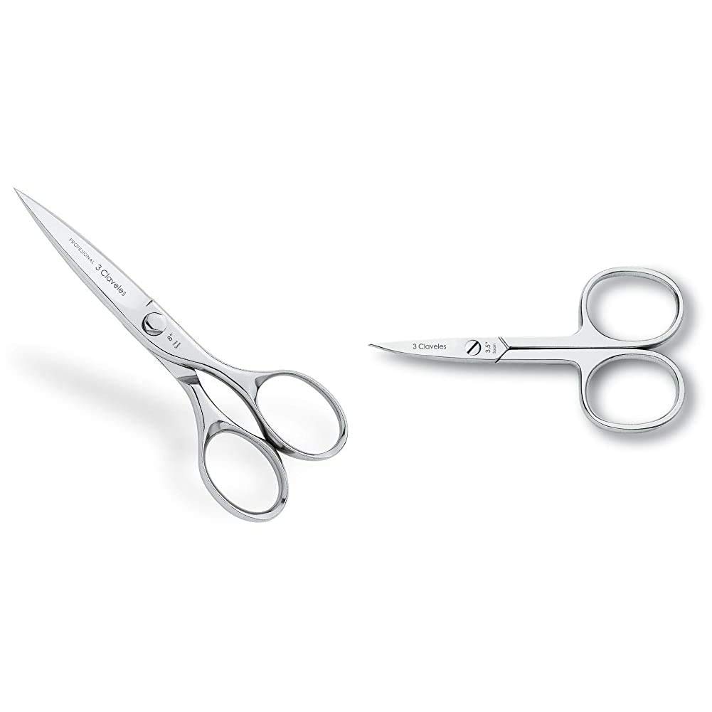 3 Claveles Tijeras Cocina Multiusos, Acero Inoxidable, Brillo, 20 cm + Tijera para Uñas, Curvas, Acero Carbono - (3,5")