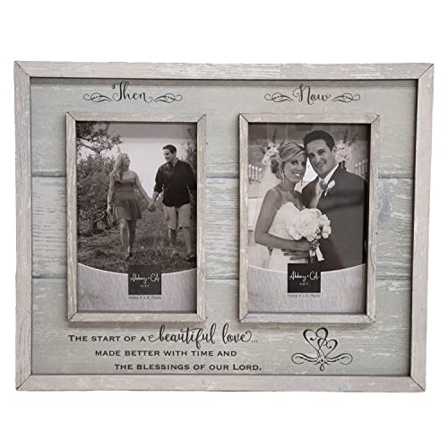 Product Image of the Then & Now Anniversary Photo Frame, Wedding, Engagement, & Vow Renewal Couples Gift, Wooden Picture Frames With Sentimental Quote, 12-Inch x 9.5-Inch, Rustic Woodgrain, by Abbey & CA Gift