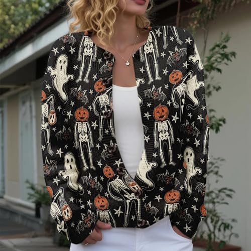 Halloween Sweaters for Women Spooky Season Funny Ghost Skeleton Pumpkin Fall Winter Long Sleeve Button Knit Cardigan2
