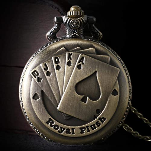 Zakhorloge Retro Brons Metalen Poker Card Patroon Quartz Zakhorloge Analoge Zakhorloges met 30 Cm Ketting Geschenken - Afbeelding 6