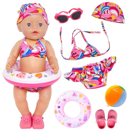 Atomvia Baby Doll Clothes Swimsuit Set for 14-18 Inch / 35-45cm Dolls Summer Doll Outfit Bikini Style with Waist Swim Ring Beach Ball Sunglasses Slippers Accessories Gift for Girls