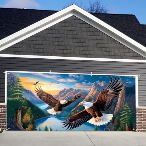 Image of 13x6 ft Soaring Eagles Garage Door Banner- Flying Bald Eagles Mountain Landscape Backdrop, Hanging Garage Decorations - for 4th of July Patriotic Holiday Party Background, Outdoor Wall Sign Decor