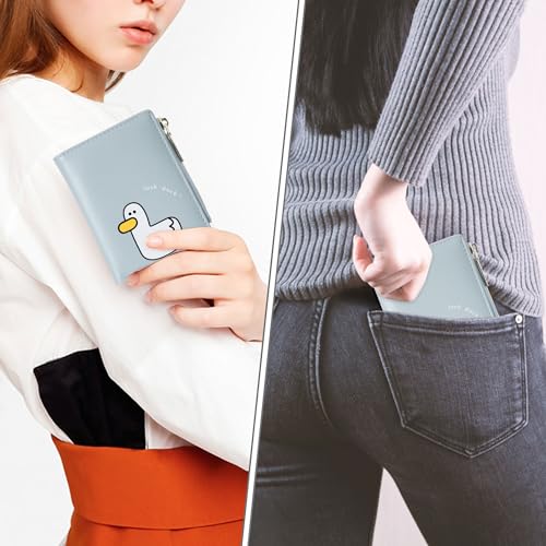 CONISY Cute Wallets for Women, Leather Bifold Small Wallet with Zipper Coin Purse, RFID Blocking Wallet for Girls and Ladies (Duck Blue)3