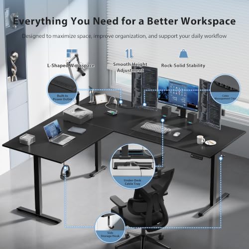 Image of 63x55 Inch L Shaped Electric Standing Desk, Corner Workstation, Black | 3 AC outlets, 2 USB ports, cable tray, cord clips, 3 memory presets, anti-collision and 176 lb capacity for home office.