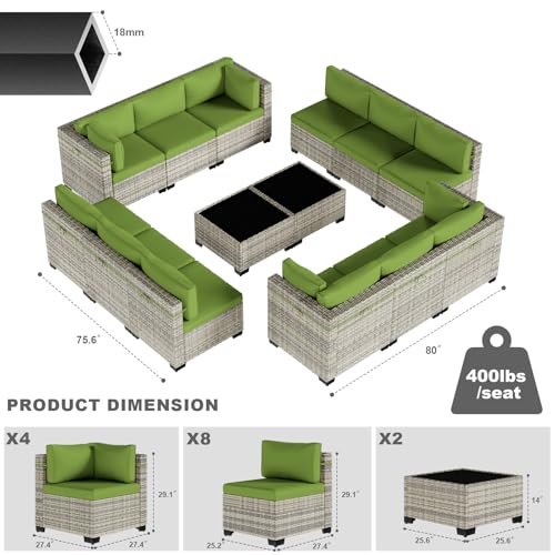 Image of Outdoor PE Wicker Rattan Modular Patio Sectional Sofa Set | 14-Piece: 12 Modular Seats & 2 Coffee Tables, Grass Green