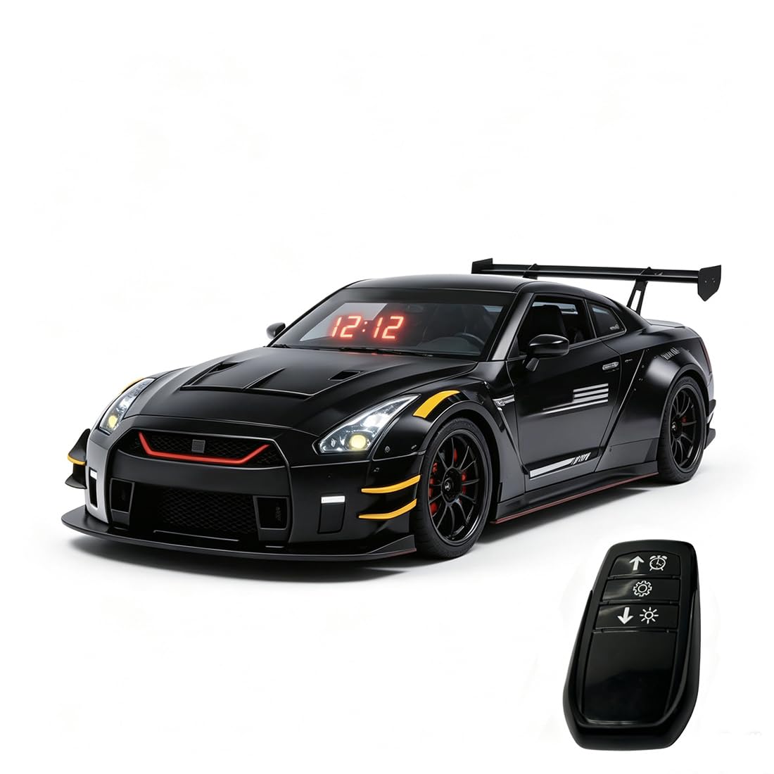 Aluminium RC Sportwagen Wecker Mit LED Anzeige, Motorsound Alarm, Fernbedienung, Sprüh- und Lichteffekten Öffnenden Türen/Motorhaube/Kofferraum Lassen Sich öffnen-Dekoration -Schwarz