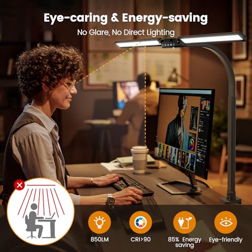 Image of SIBRILLE Upgraded Desk Lamp for Home Office - Dimmable Computer Desk Light with Remote, Modern Architect Task Lamp with Color Changing, Flexible Desktop Lamp with Gooseneck for Monitor, Double Head