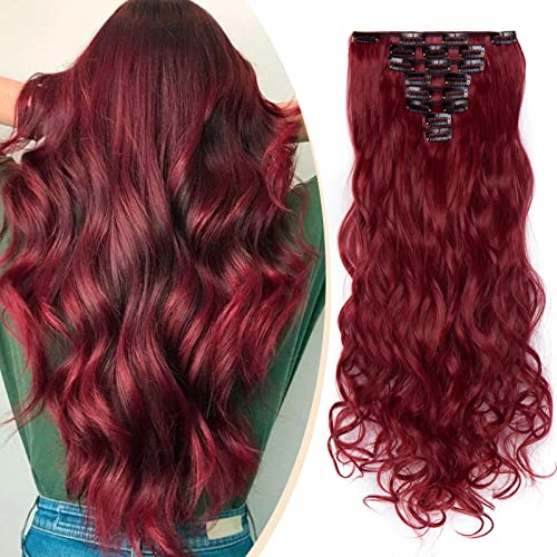 S noilite Extensiones de Cabello Natural Cabeza Llena Hair Extensions Pedazo de Cabello 8 Piezas 18 Clips Larga Ondulado 60cm mix granate rojo oscuro