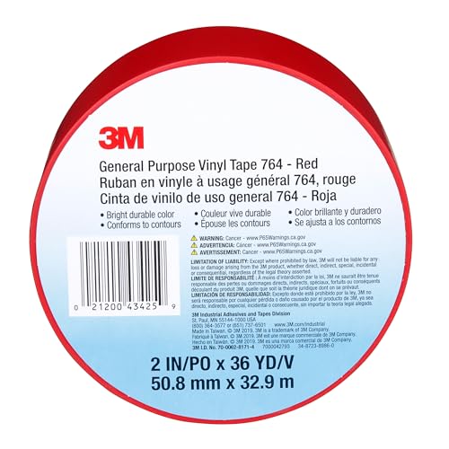 Image of 3M Vinyl Tape 764, General Purpose, 2 in x 36 yd, Red, 1 Roll, Light Traffic Floor Marking Tape, Social Distancing, Color Coding, Safety, Bundling