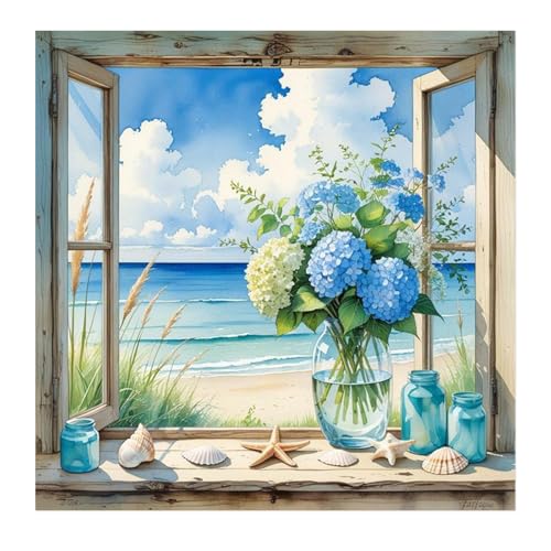 JISHSHAY Diamond Painting Paysage Diamant Painting Hydrangea Broderie Diamant Fenêtre Diamond Art Mer Kit Mosaique Adulte Point de Croix pour Adultes...