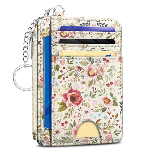 Image of Kelvoris Flower Credit Card Holder Small Wallet Women, Slim RFID Keychain | Zipper Coin Pocket, PU Leather Front Pocket, Thin Travel Card Case, Compact, 6 Card Slot, 1 ID Window, Ladies Gifts for Woman