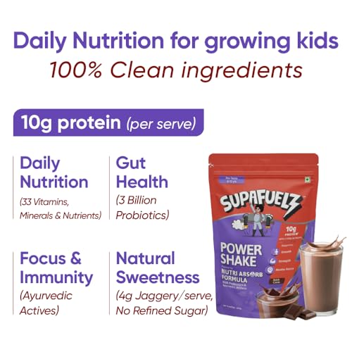 Image of Supafuelz Power Shake 8-12 yr kids | Height & Strength Drink | 10g Protein, 33 Nutrients, Probiotics & Ayurvedic Actives | Nutrition Support for Growth, Focus & Energy | Chocolate 400g | Safe Nutrition Drink For Kids