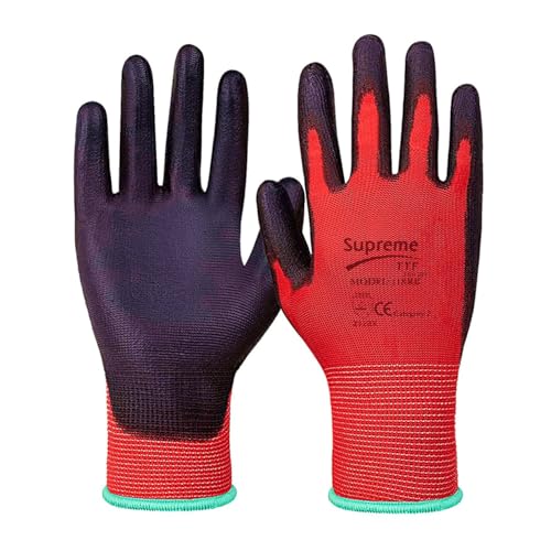 SupremeTTF 12 PAIRS PU COATED SAFETY WORK GLOVES BREATHABLE LIGHT WEIGHT 18 GUAGE BUILDERS MECHANIC AUTOMOTIVE GRIP (Red, Large [9])