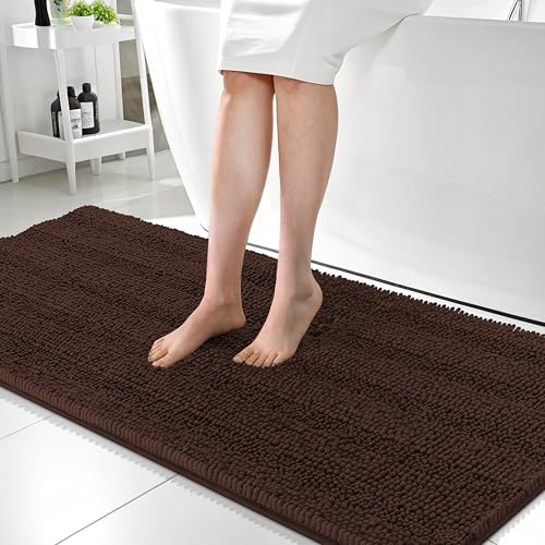 Image of OLANLY Thick Bathroom Runner Rugs 59x24, Absorbent Chenille Striped Bath Rugs, Rubber Backing, Machine Wash Dry, Extra Long Bath Mats for Bathroom Floor, Tub and Shower, Home Decor Accessories, Brown