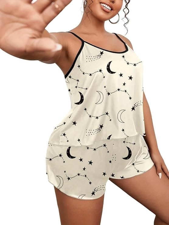Women's White Moon & Stars Print Satin Cami & Shorts Night Suit Set | Soft Sleeveless Satin Sleepwear | Comfortable Lounge Wear for Women-picture-34