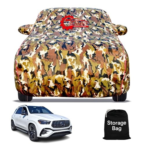 Image of Waterproof Car Body Cover for Mercedes GLS with Mirror Pocket, Soft Cotton Lining, Triple Stitched, Full Bottom Elastic (Heat Resistant Jungle Print with Red Piping)