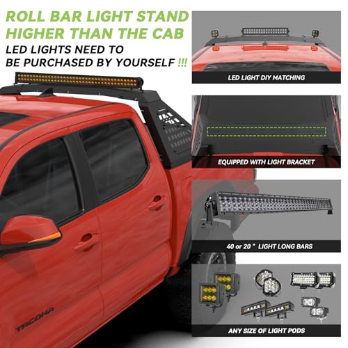 Image of Adjustable Sport Roll Bar Compatible with Retractable Hard Tonneau | Compatible with Mid-Size Trucks Tacoma, Ranger, Colorado, Canyon, Frontier | No Drilling Installation | Three Installation Methods