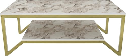 Miniatura 5 de Flora - Mesa auxiliar rectangular moderna de diseño industrial de 47 pulgadas de ancho, parte superior de madera con acabado de mármol, marco de