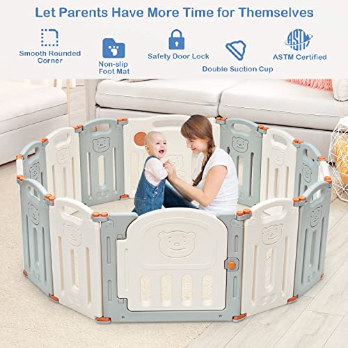 Costzon Baby Playpen, 14-Panel Foldable Large Baby Playard W/Locking Gate, Non-Slip Rubber Bases, Adjustable Shape, Portable Baby Fence Play Area Design For Indoor Outdoor Use (Beige + Gray) #TOP6