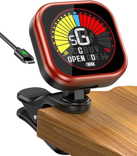 New Bee Guitar Tuner Clip-On Rechargeable with Color Screen 360° Rotatable Acoustic Chromatic Open Tuning for Guitar, Bass, Ukulele, Violin (Red, 1 Pack)