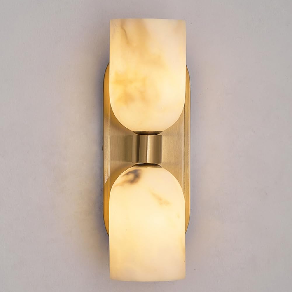 HUAYUSEDF Natural Alabaster Wall Sconces 13.39In Modern Mounted Lamp Gold 2-Light E27 Bathroom Vanity Lights Marble Stone Sconce Lighting for Hallway Bedroom Staircase