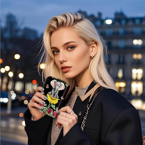 Small Credit Card Case Wallet for Women, RFID Blocking Mini Slim Leather Card Holder Wallet, Pocket Business Card Case with Zipper Card Holder, Elephant with Glasses2