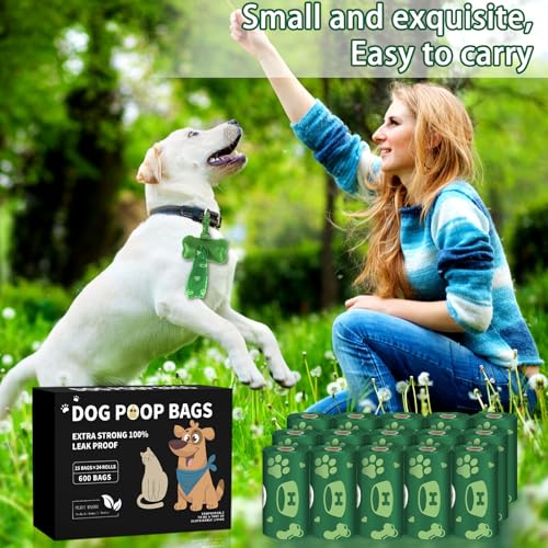 BGIUSQF 600 Pcs Hundekotbeutel (24 Rollen), Kotbeutel für Hunde + Hundekotbeutelspender, Tragbar Dog Poop Bags, Leicht zu Zerreißen, Auslaufsicher und Wasserdicht, Hundebeutel Kot, Grün