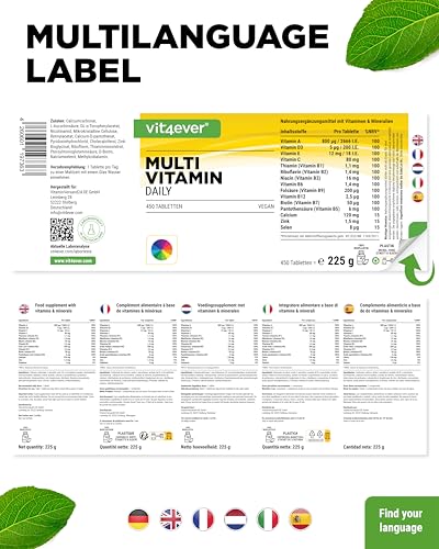 vit4ever Multivitamin Daily - 450 Tabletten mit Bioaktiv-Formen - 15 Monate Vorrat - Wertvolle Mineralien & alle A-Z Vitamine - Vegan