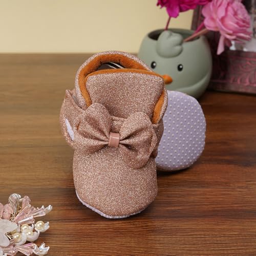 Image of Neska Moda 6 To 12 Months Baby Girls Cotton Hook & Loop Bow Booties -BT1766