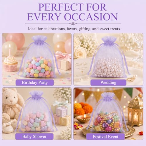 Image of ANZNKU 100 Pack Organza Bags 5 x 7 in Light Purple Small Mesh Gift Bags Bulk Drawstring for Wedding, Goodie Bag for Party Favor Candy Jewelry Soap Makeup, Treat Sachet for Baby Shower Graduation