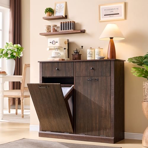 Image of IFBUY Double Tilt Out Laundry Hamper Cabinet, Modern Trash Cabinet, Brown